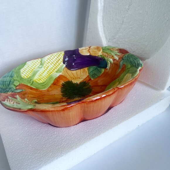Fall-Themed Ceramic Serving Bowl Hand-Painted Pumpkin Corn & Eggplant Cornucopia - Picture 8 of 9